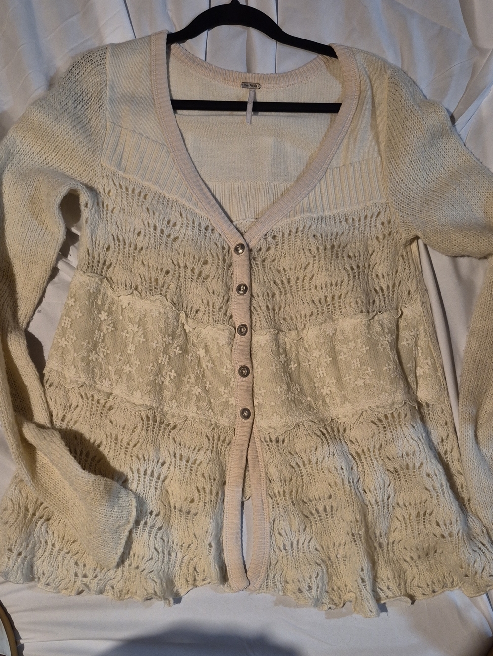 Free People Cream Lace-Trim Knit Cardigan